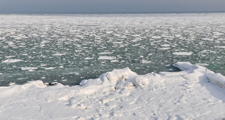 Ice floating near the shore in the cold winter of 2010, the Black Sea