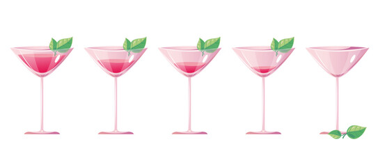 Alcohol cocktail glass drink empty full animation steps action concept. Vector graphic design illustration element