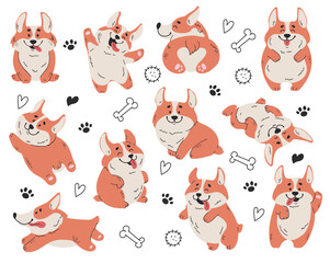Welsh corgi dog cute puppy pet sticker line art concept set. Vector graphic design illustration element
