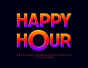 Fototapeta na wymiar Vector promo poster Happy Hour. Colorful gradient Font. Trendy glossy Alphabet Letters and Numbers set