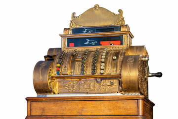 Very old cash register with keys and mechanical systems for bill collection, isolated white background.