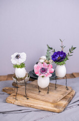 Dekoration Ostern, Eier mit Blumen gefüllt, Basteln zum Osterfest, Hühnerei mit Anemone
