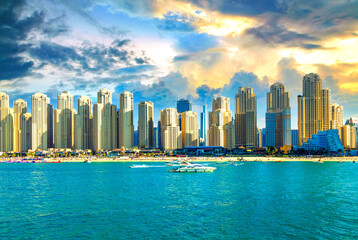 An exquisite postcard view of Dubai featuring modern architecture, luxurious yachts, and the sparkling sea