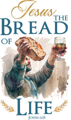 Watercolor drawing of male hands raising a loaf of bread and a glass of wine. Christian Easter.Artwork design, illustration for t shirt printing or poster.