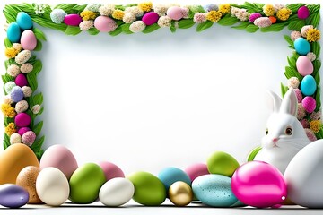 Obraz premium a colorful border made of Easter eggs, with a large cute white bunny in the bottom right corner against a white background