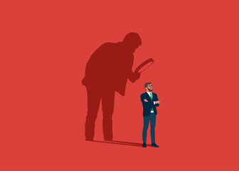 Businessman with shadow using magnifying glass to analyze himself. Self-assessment, find plan, goals life or work. Modern vector illustration in flat style