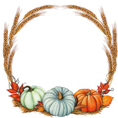 watercolor fall wreath with ears of wheat, pumpkins and autumn leaves