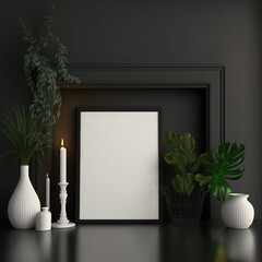 Blank picture frame mockup on black wall