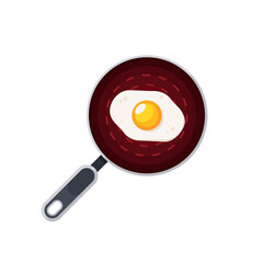 One fried egg in hot frying pan, vector illustration, style icon, Isolated sign, symbol on white background with yellow, white, black and red colors