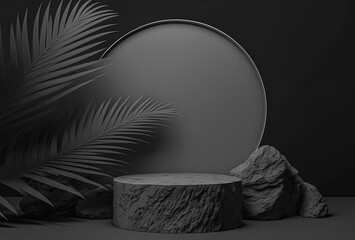 3D Podium of Black Palm, Stone, and Rock with Copy Space Circle Background for Cosmetics or Beauty Product Promotion Mockup