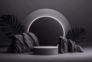 3D Podium of Black Palm, Stone, and Rock with Neon Lighting on Total Black Palette and Circular Copy Space Background