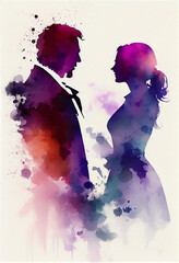 Silhouettes of a married couple in a quarrel, gentle watercolor. AI generated.