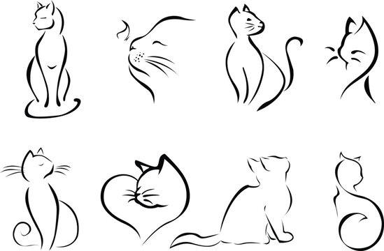 Cat Drawing Silhouette Set. Cats Line Art Hand Drawn Style, Kitten Outline Vector illustration. Isolated On White Background.