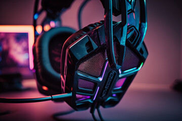 Black gamer headphones isolated on color background. Full depth of field. Listening to music with headphones. High quality sound, Generative AI
