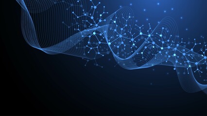 Molecular structure background. Science template wallpaper or banner with a DNA molecules. Asbtract molecule background with hexagons, wave flow, illustration.