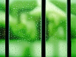 Raindrops on glass window. Blur. Bokeh. Gloomy and overcast mood. 