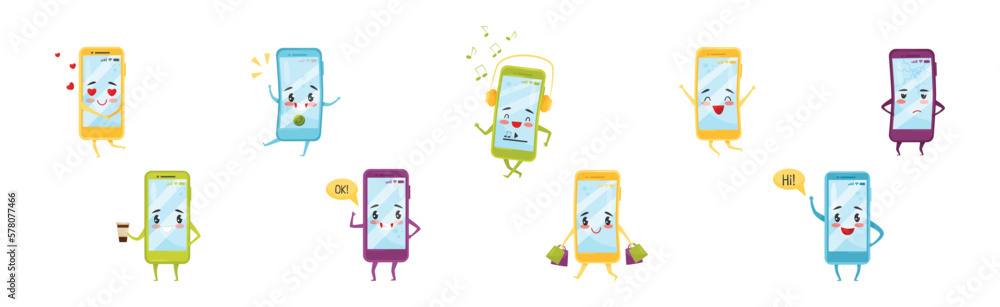 Poster cute happy smartphone character engaged in different activity vector set