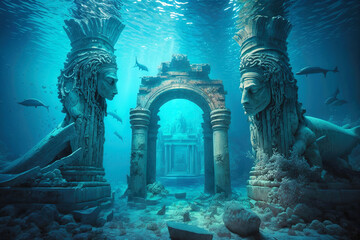 Ancient city ruins underwater, old statues on sea ground, generative AI - obrazy, fototapety, plakaty