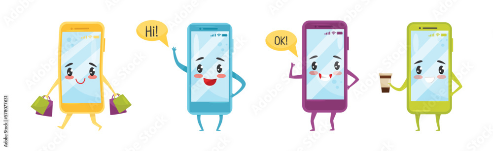 Poster cute happy smartphone character engaged in different activity vector set