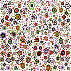 Seamless pattern with delicate flowers in a childish style with dots and circles on white background