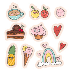 Set of stickers with cute food with anthropomorphic faces. Mug of cappuccino, apples, hearts, rainbow, piece of cake, ice cream, muffin, pineapple, lips. Collection of kawaii sweets