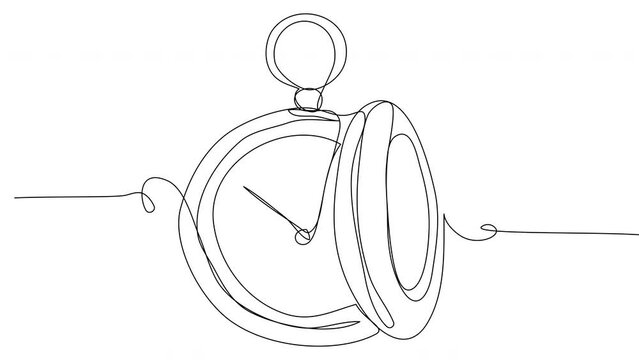 Self-drawing Pocket watch in one line on a white background. The concept of the flow of time. Stock footage of a minimalistic clock in 4k with alpha channel.