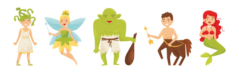 Mythical Creatures with Medusa Gorgon, Fairy, Green Troll, Centaur and Mermaid Vector Set