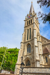 Fototapeta na wymiar Vaduz Cathedral, or Cathedral of St. Florin is a neo-Gothic church in Vaduz, Liechtenstein