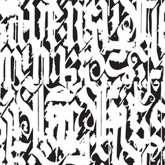 Vector seamless pattern: abstract ornament from gothic font letters and blots. White on black. Design for textile, fabric, wallpaper, wrapping paper.