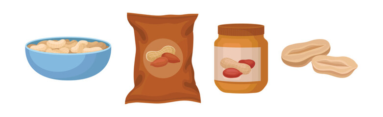 Peanut Product with Butter in Jar and Pack of Salted Snack Vector Set