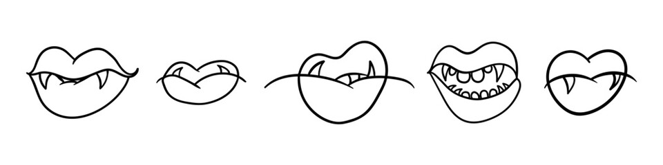 Set of vampire bite and kiss line illustration. Lips with vampire teeth. Vampire lips for Gothic design. Vector illustration isolated on white background.