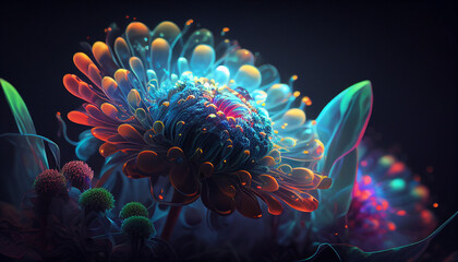 Glowing, neon flowers with iridescent petals growing in the dark #4