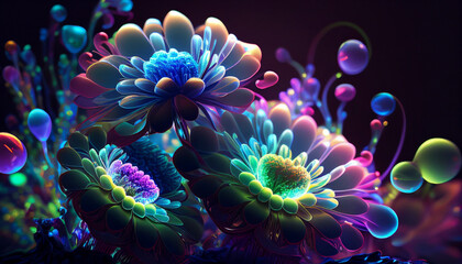 Glowing, neon flowers with iridescent petals growing in the dark #3
