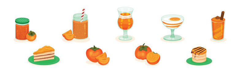 Persimmon Fruit as Ingredient in Fresh Food Vector Set