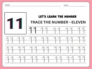 Trace and write the number 11. Handwriting practice. Learning numbers for kids. Education developing worksheet. Activity page. 