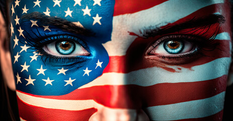 Close up of woman face painted with the US flag. Fourth of July celebration. Generative AI