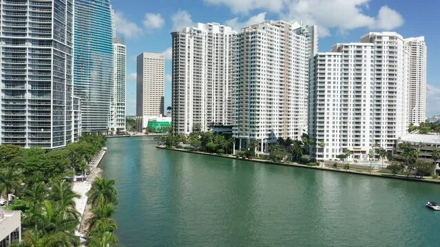Aerial view of Miami, Florida, with slow camera lift-up. Miami is a majority-minority city and a major center and leader in finance, commerce, culture, arts, and international trade.