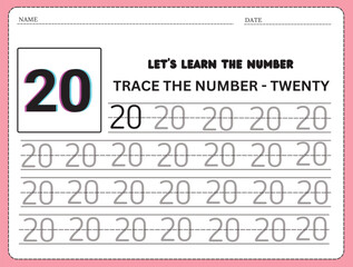 Trace and write the number 20. Handwriting practice. Learning numbers for kids. Education developing worksheet. Activity page. 