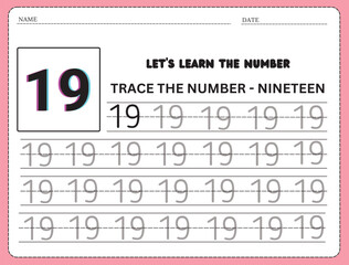 Trace and write the number 19. Handwriting practice. Learning numbers for kids. Education developing worksheet. Activity page. 