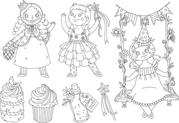 Black outline birthday girls, cakes, garland and botanical elements for coloring page