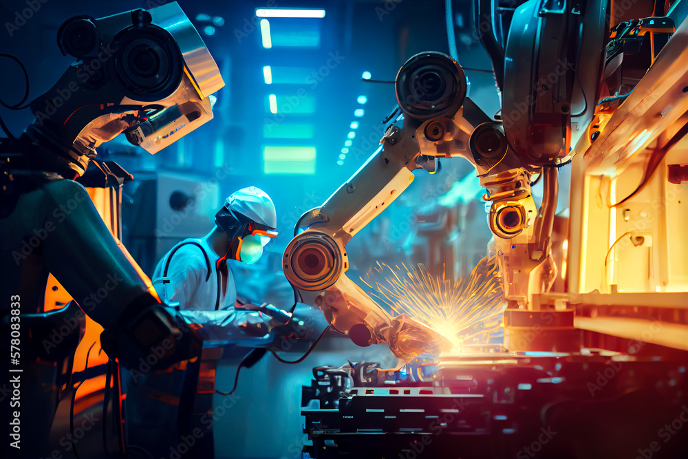 Poster factory engineer sends robotic machines. generative ai, generative, ai