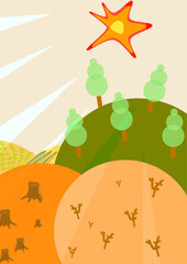 Fototapeta premium Book cover illustration for describing summer, deforestation and drought.