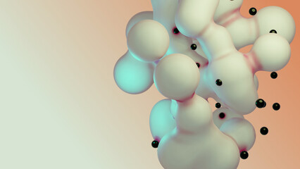 Liquid fluid dynamic abstract animated white metaball floating spheres blobs drops bubbles in transition deformation beige background with black little pearls 3d render for presentation business adds