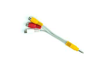 Colored wires for connecting a TV or computer, isolated on a white background.