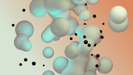 Liquid fluid dynamic abstract animated white metaball floating spheres blobs drops bubbles in transition deformation beige background with black little pearls 3d render for presentation business adds
