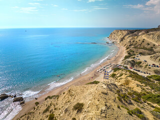 Obraz premium Aerial view of turquoise waters of Kavo Paradiso and Mystic-phenomenal Beach, Island Kos, Greece. 