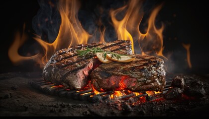 Naklejka premium Beef steaks on the grill. Created with Generative AI.