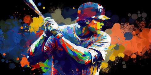 Colorful abstract painting of a professional baseball player. Generative AI - obrazy, fototapety, plakaty