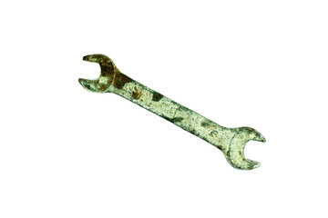 Old wrench, rusty copper and silver wrench isolated on white background,
