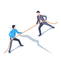 Obraz premium isometric vector illustration on a white background, men in business clothes pull the rope each to their own side, business rivalry or conflict of interest